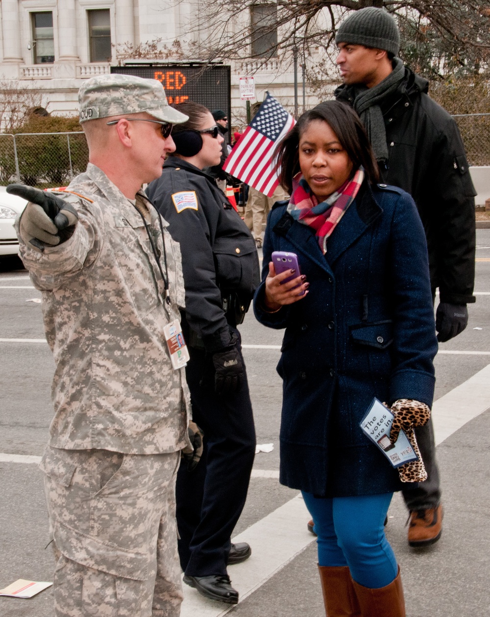 Army National Guard Sgt. Stroud assists visitors in Washington during the 57th Presidential Inauguration