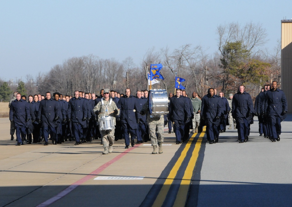 113th Wing parade group members participate in a full-dress marching rehearsal