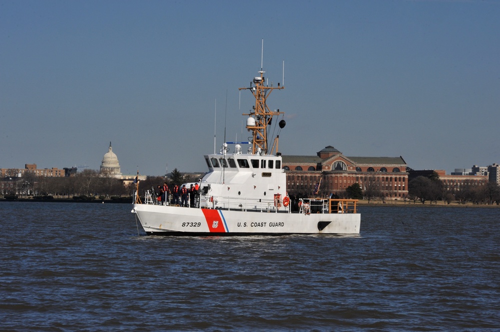 Crew aboard the Coast Guard Cutter Cochito enforces a security zone during the 57th Presidential Inauguration