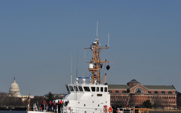 Crew aboard the Coast Guard Cutter Cochito enforces a security zone during the 57th Presidential Inauguration