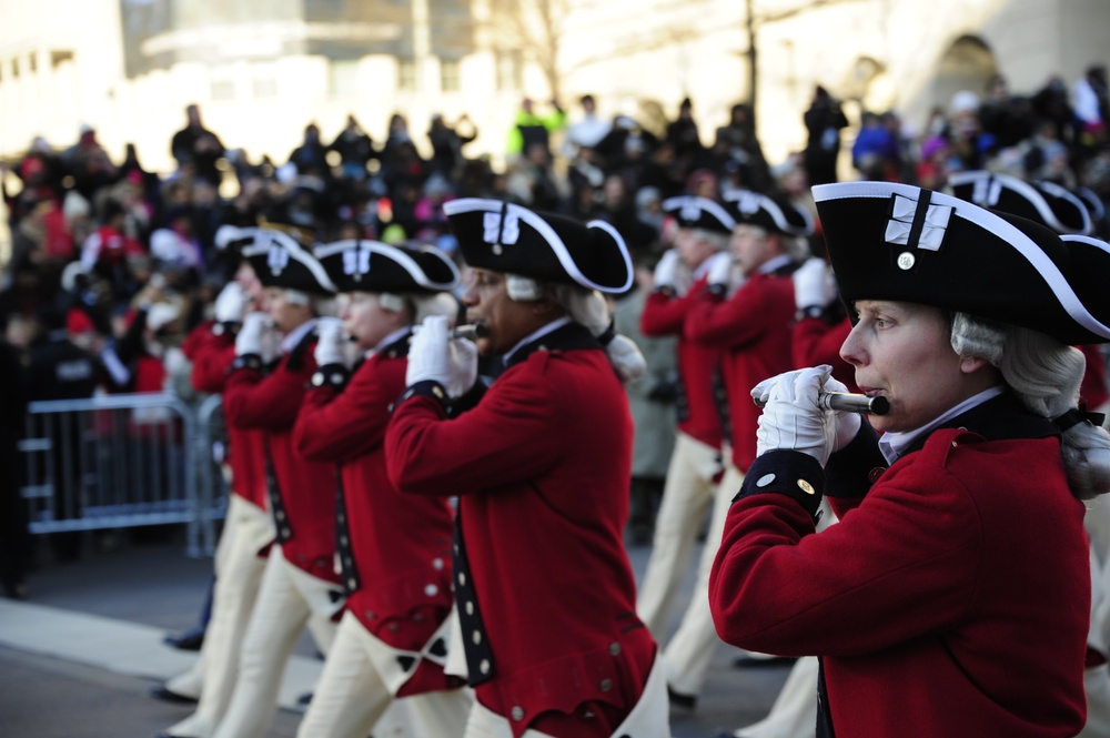 The 3rd US Infantry Regiment 'The Old Guard' Fife and Drum Corps march down Pennsylvania Avenue