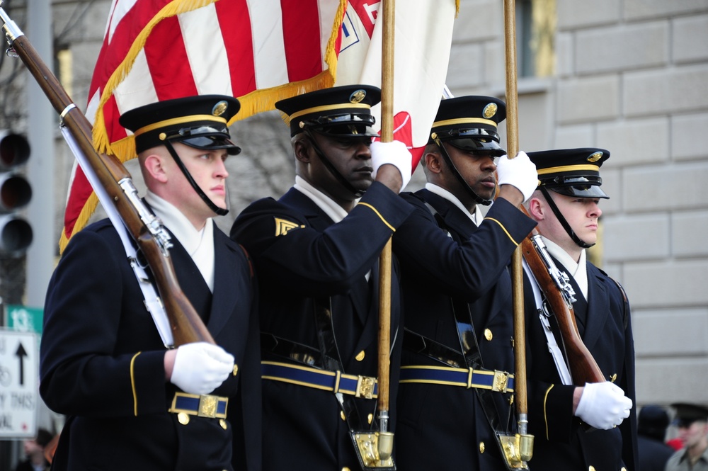 The 3rd US Infantry Regiment 'The Old Guard' Color Guard marches down Pennsylvania Avenue