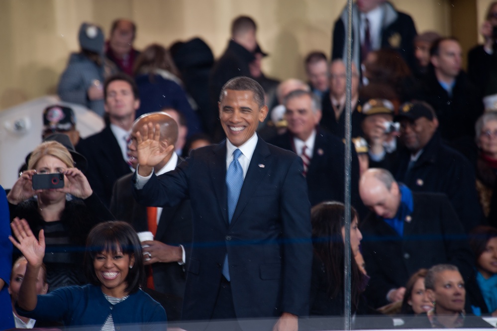 President and first lady wave to performers at 57th Inaugural Parade