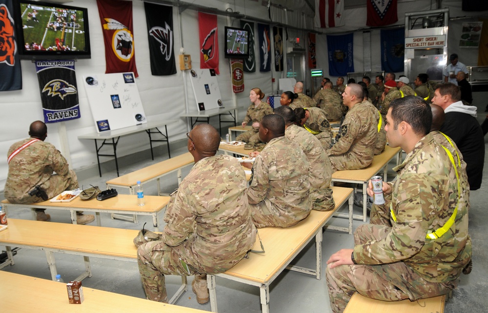 Soldiers watch Super Bowl a FOB Spin Boldak