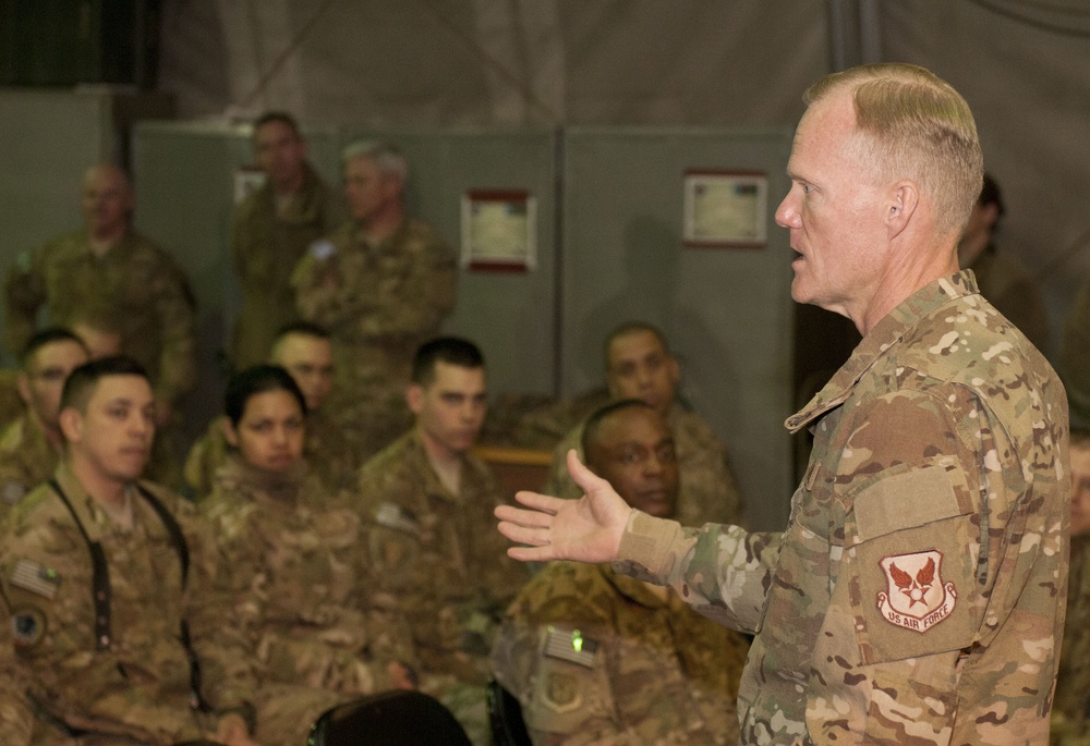 Chief Master Sgt of the Air Force conducts all call to deployed airmen