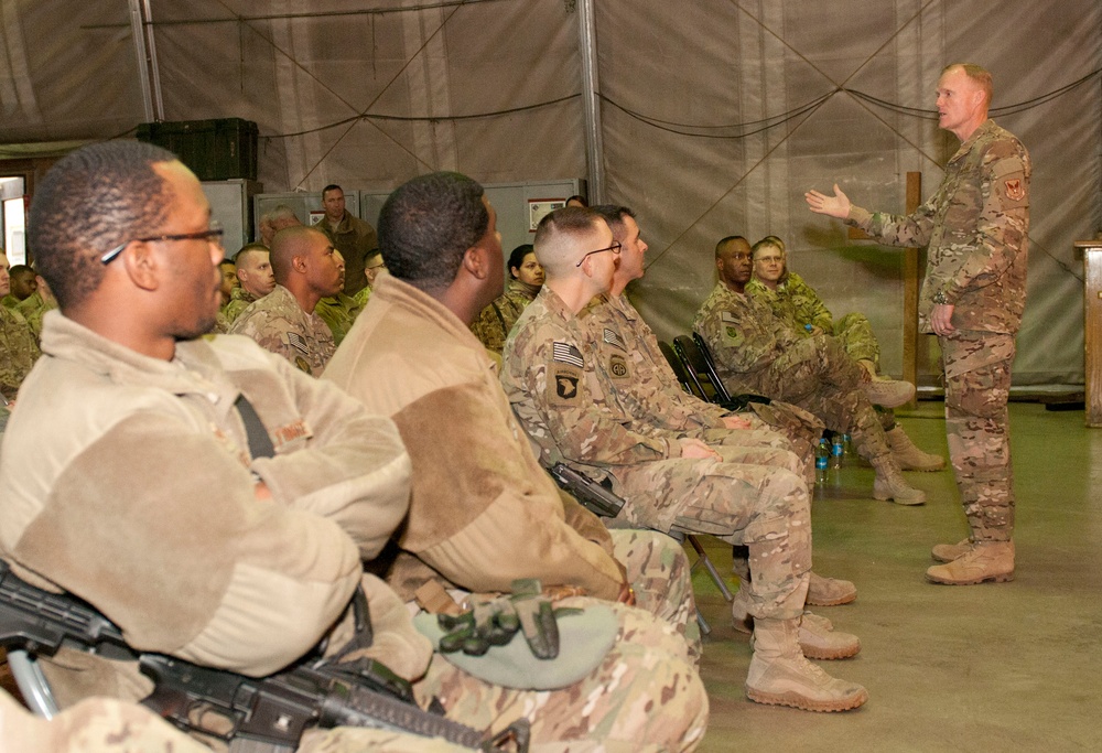 Chief Master Sgt of the Air Force James Cody reaching out to deployed troops in Afghanistan