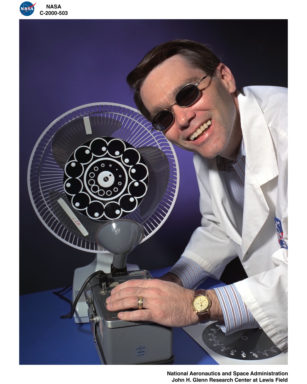 DOCTOR STROBO ALSO KNOWN AS HOWARD BROUGHTON OF THE IMAGING TECHNOLOGY CENTER AT NASA GLENN RESEARCH CENTER WITH STROBE DEVICE USED IN PRESENTATION FOR BRING YOUR CHILDREN TO WORK DAY