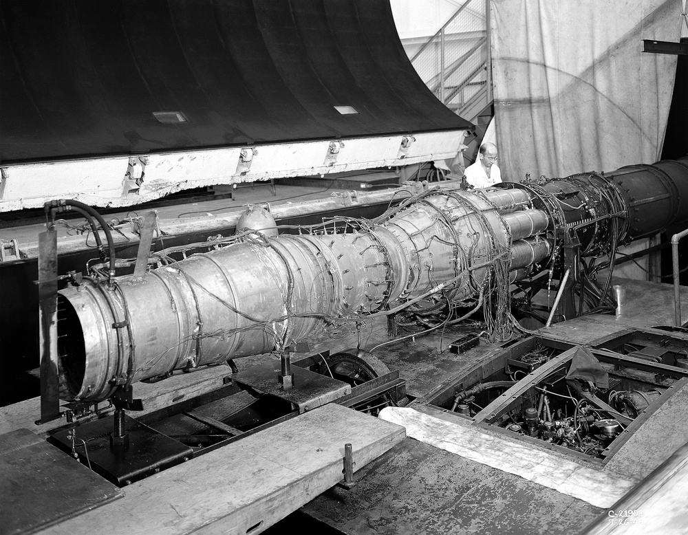 TG-190 ENGINE WITH REPUBLIC AFTERBURNER INSTALLED IN THE ALTITUDE WIND TUNNEL AWT