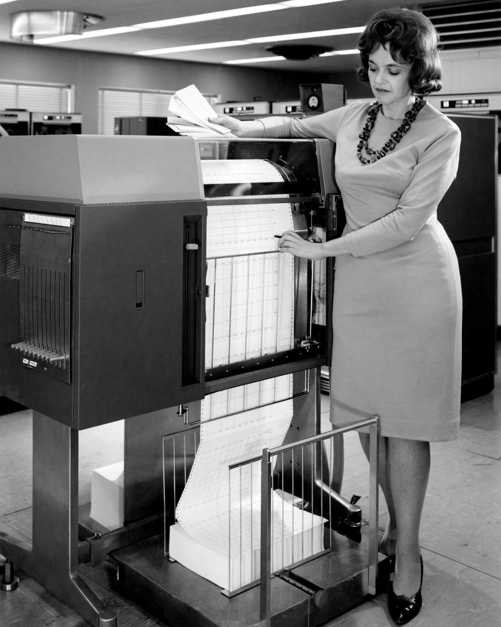 BETTY JO MOORE WITH IBM PRINTER NO. 1403 IN THE 10X10 FOOT WIND TUNNEL COMPUTING ROOM