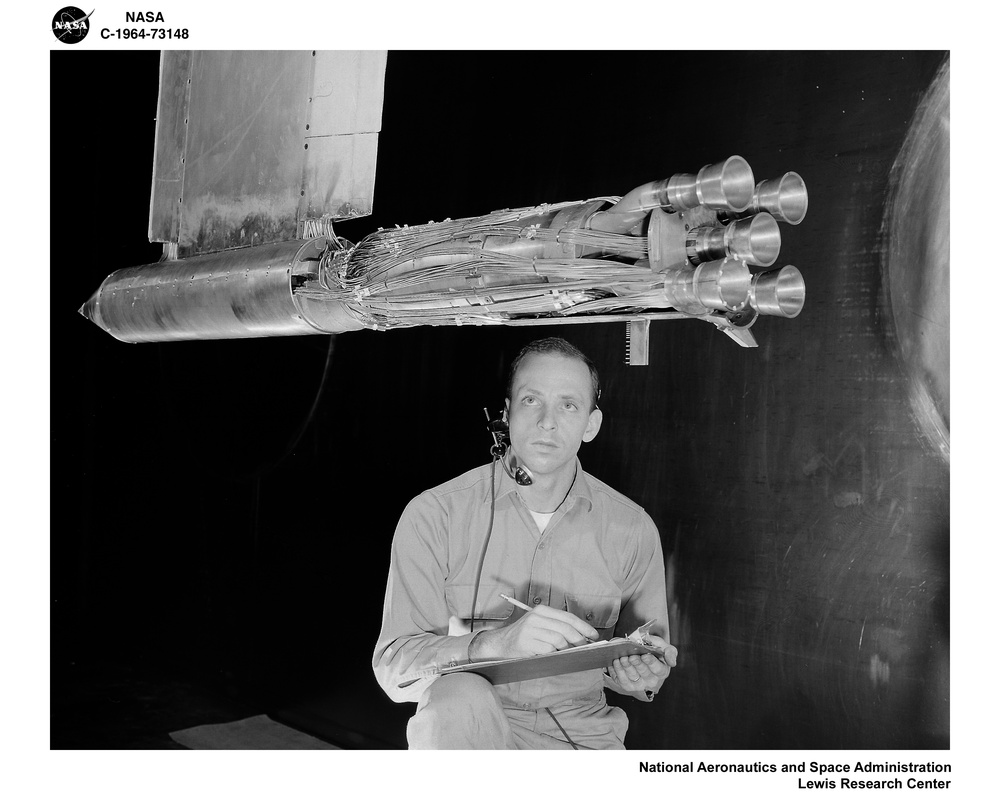 SATURN IC ENGINE GIMBAL RIG MODEL IN THE 10X10 FOOT WIND TUNNEL.  0.01585-scale of the 5 F-1 Engine cluster, S-1C stage of the Saturn V launch vehicle