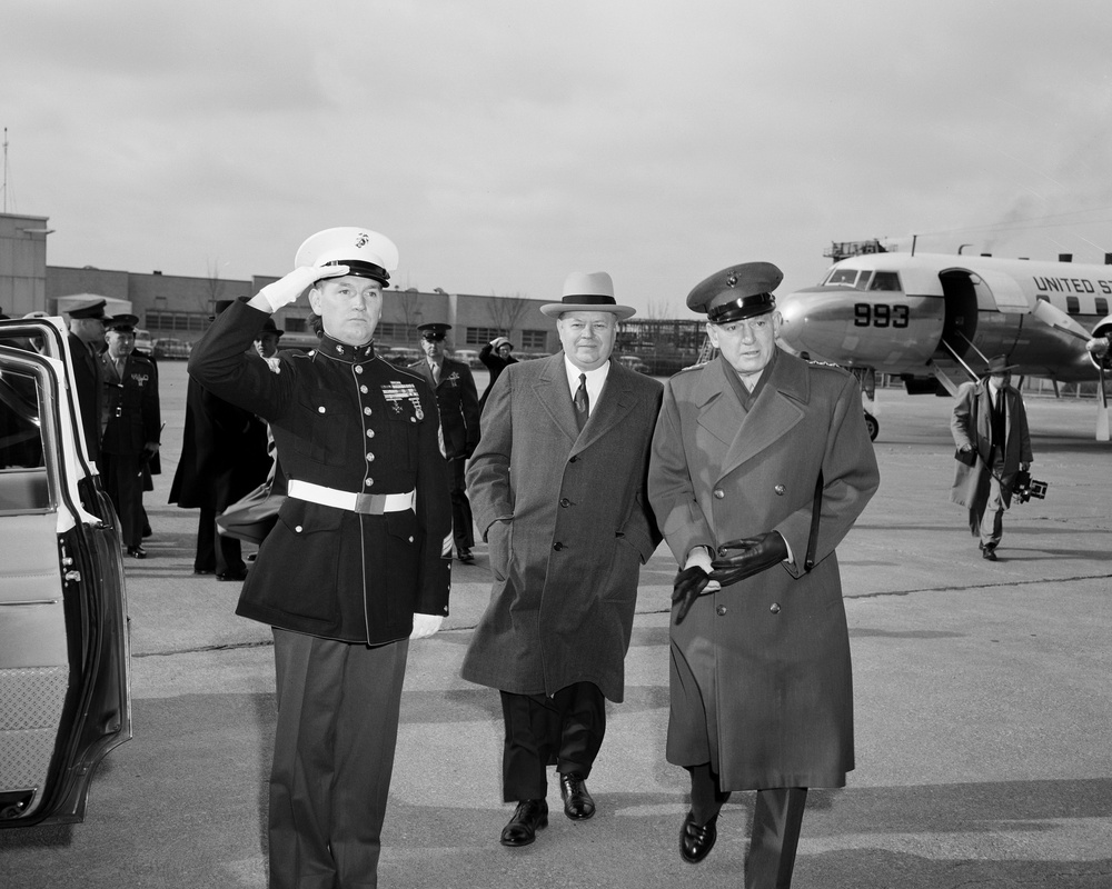 TOUR BY UNITED STATE SENATOR GEORGE BENDER - GENERAL LEMUEL C SHEPHERD JUNIOR  COMMANDANT UNITED STATES MARINE CORPS - COLONEL WEST AIDE TO GENERAL SHEPHERD - MR CURTIS L SMITH PRESIDENT OF CLEVELAND OHIO CHAMBER OF COMMERCE -