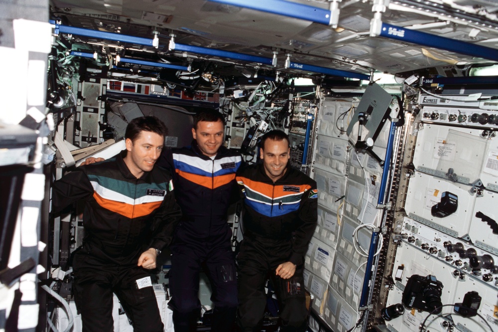 Soyuz 4 Crew group photo in the U.S. Laboratory taken during Expedition Four