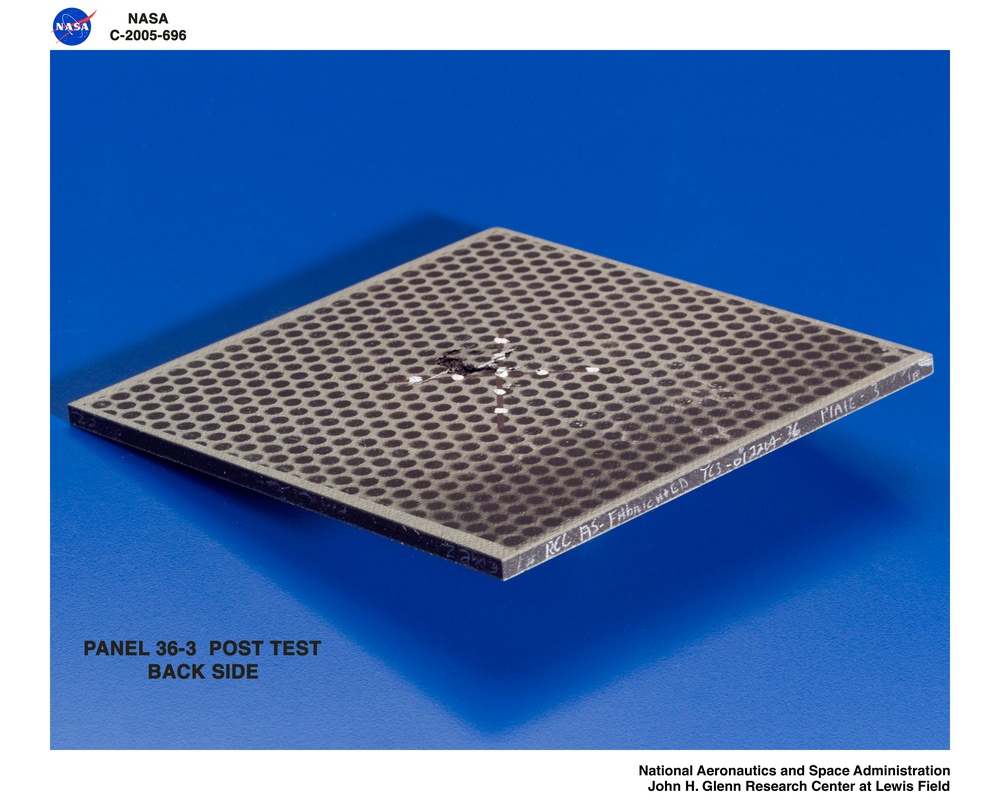 Panel 36-3 post test  RCC carbon / carbon fiber panels - the panels are space shuttle tile material being tested in the ballistics lab building 49