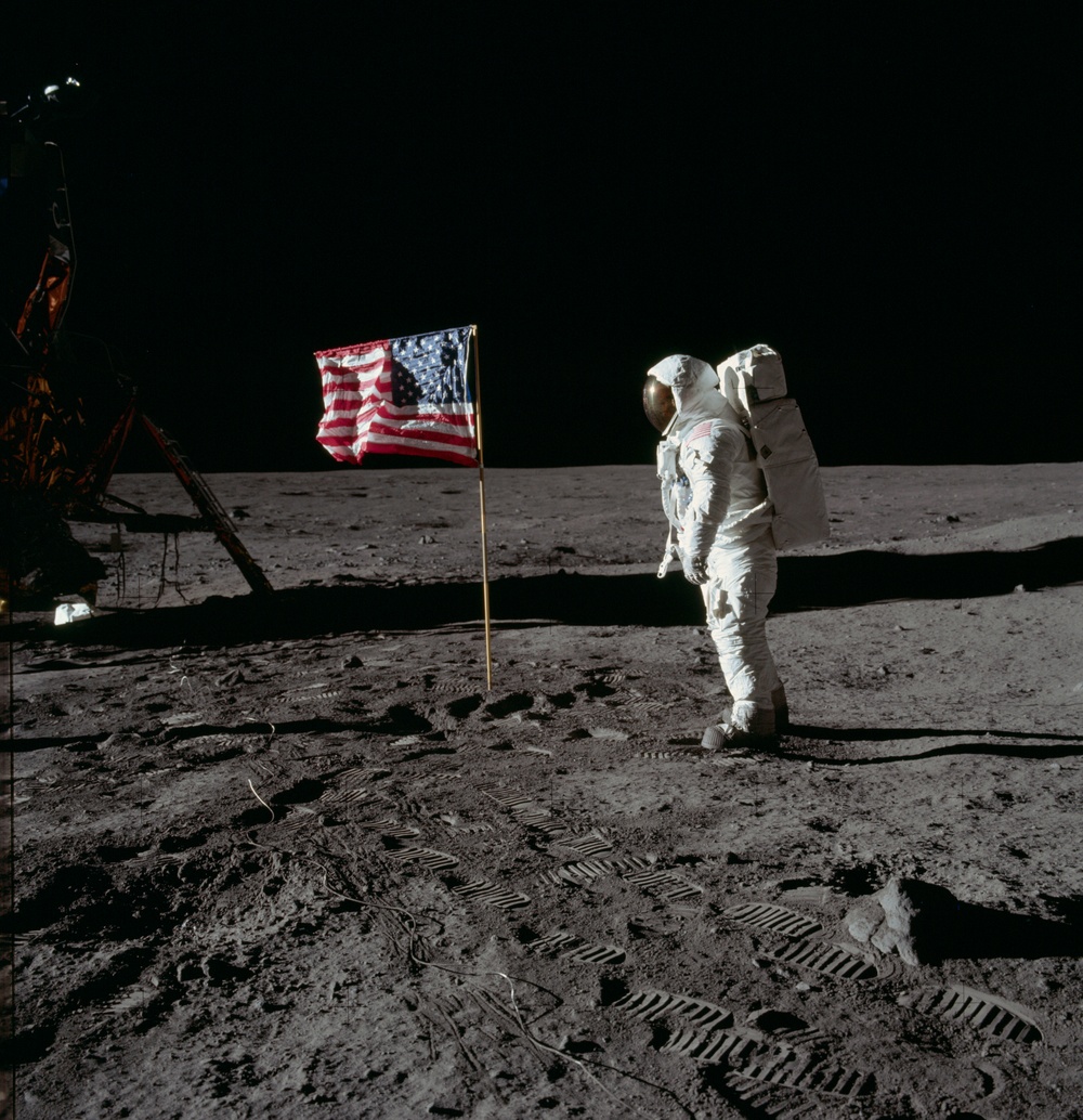 Apollo 11 Mission image - Astronaut Edwin Aldrin salutes the U.S. flag that has been placed on the moon