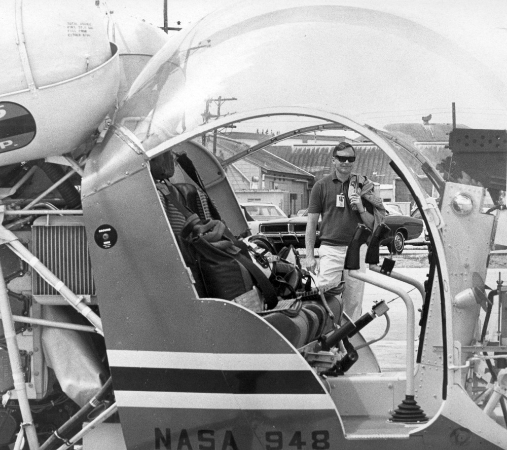 Apollo 11 Astronaut Neil Armstrong Approaches Practice Helicopter