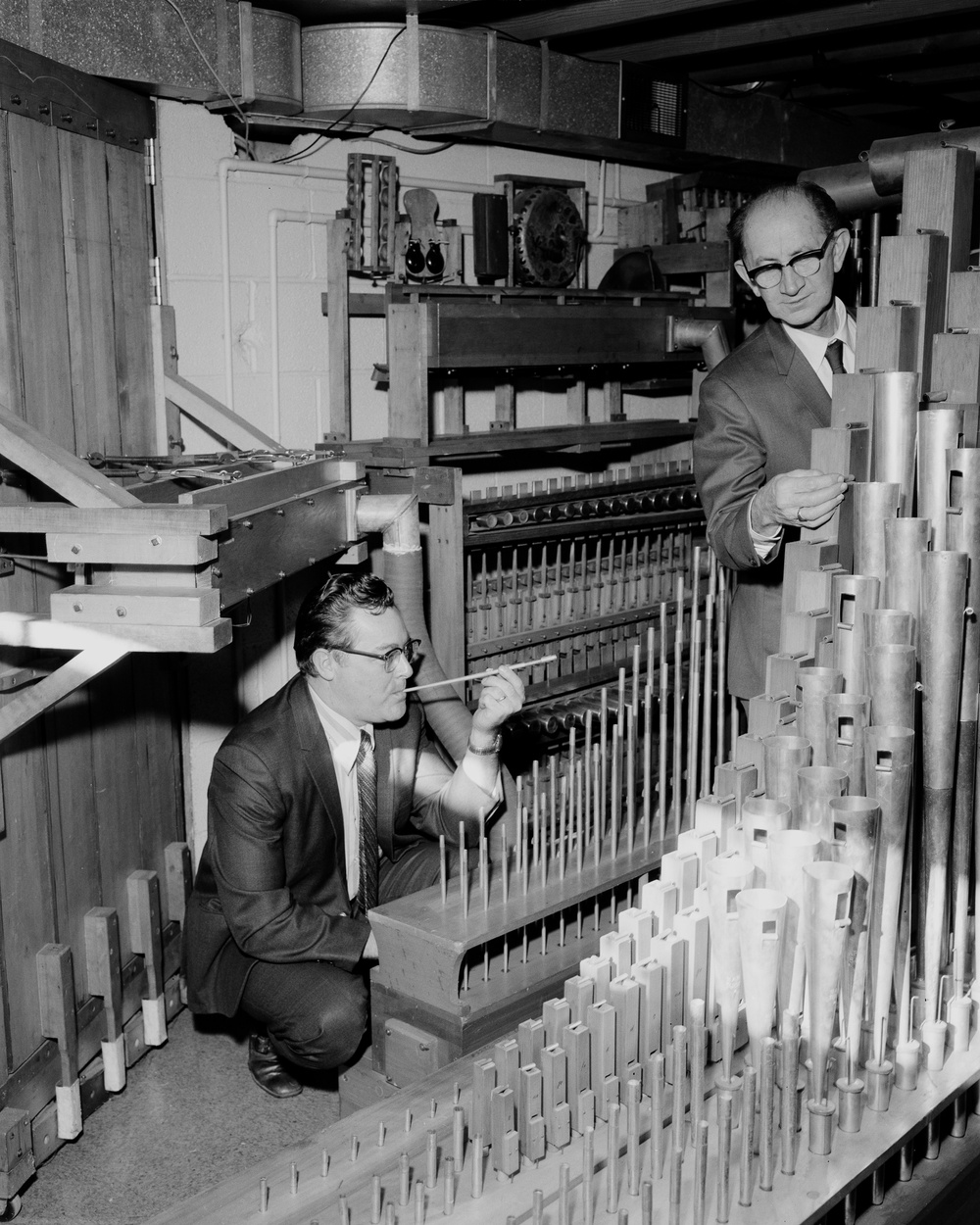 PIPE ORGAN IN CHURCH AT DOVER CENTER ROAD WITH REBUILDERS - RICHARD B BROWN AND MILO C SWANSON NASA EMPLOYEES - FOR STORY IN LEWIS NEWS NEWSLETTER