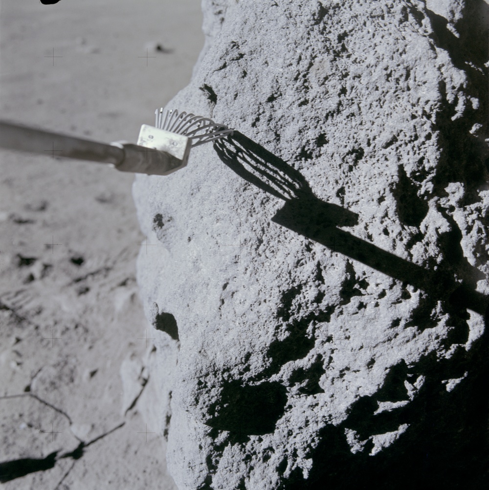 Apollo 15 Mission image - Stereo Pair view of Station 4, and contact on boulder with rake