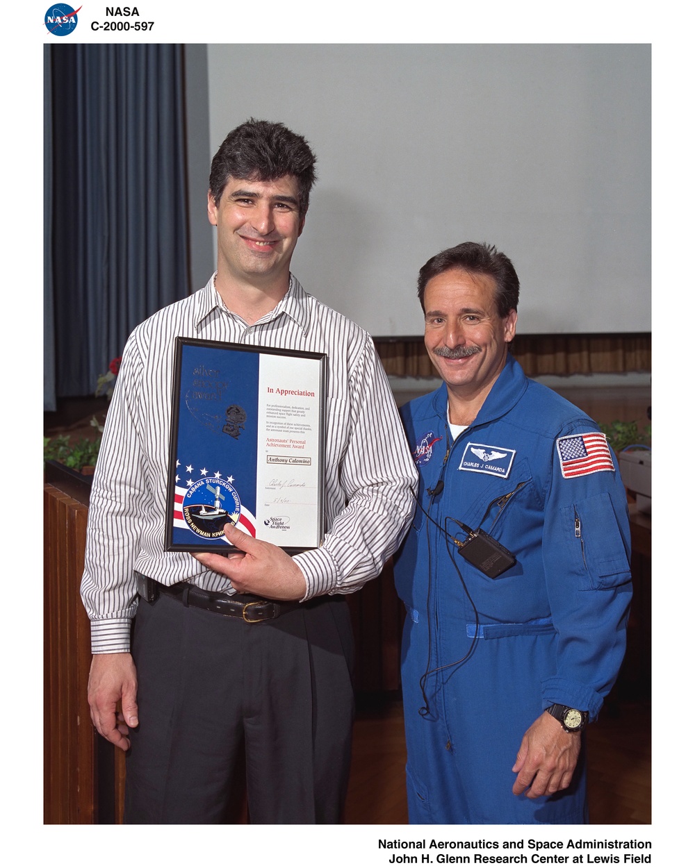 SILVER SNOOPY AWARD PRESENTATIONS AND AWARD RECIPIENTS / ANTHONY CALOMINO AND ASTRONAUT CHARLES CAMARATA