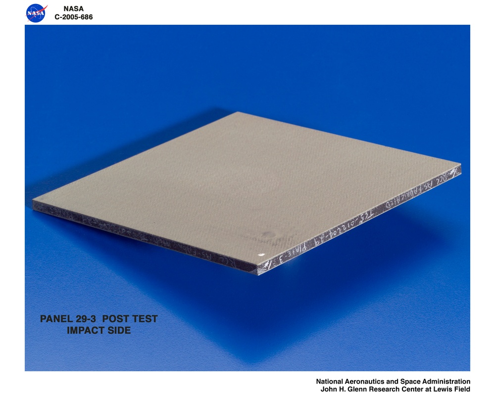 Panel 29-3 post test  RCC carbon / carbon fiber panels - the panels are space shuttle tile material being tested in the ballistics lab building 49