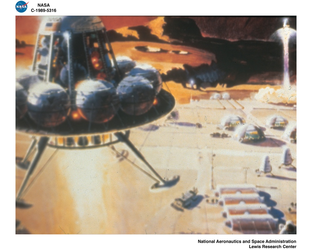 OHIO AEROSPACE INSTITUTE ATLAS MERCURY LAUNCH JOHN GLENN IN GIMBAL RIG ASTRONAUT ON MOON WRIGHT PATTERSON AFB ENTRANCE SPACE ART KITTY HAWK PLANE