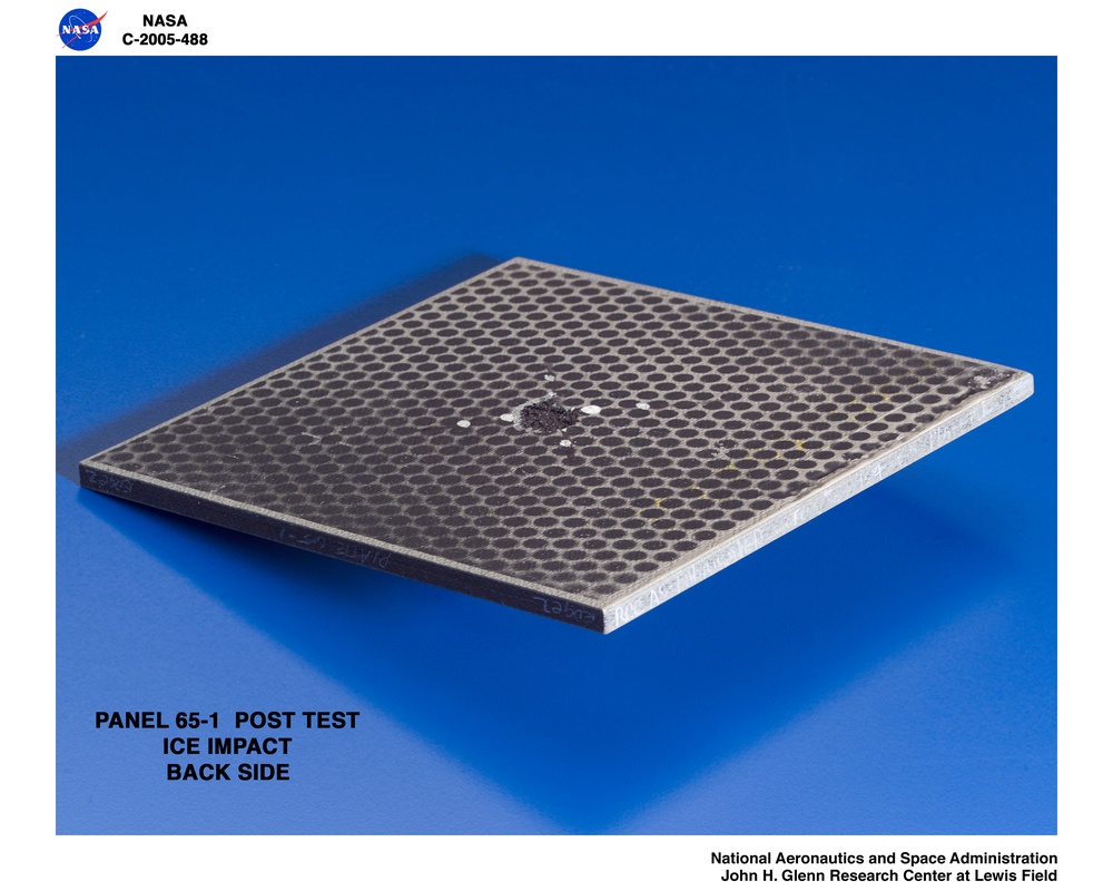 Panel 65-1 post test RCC carbon / carbon fiber panels - the panels are space shuttle tile material tested in the ballistics lab building 49