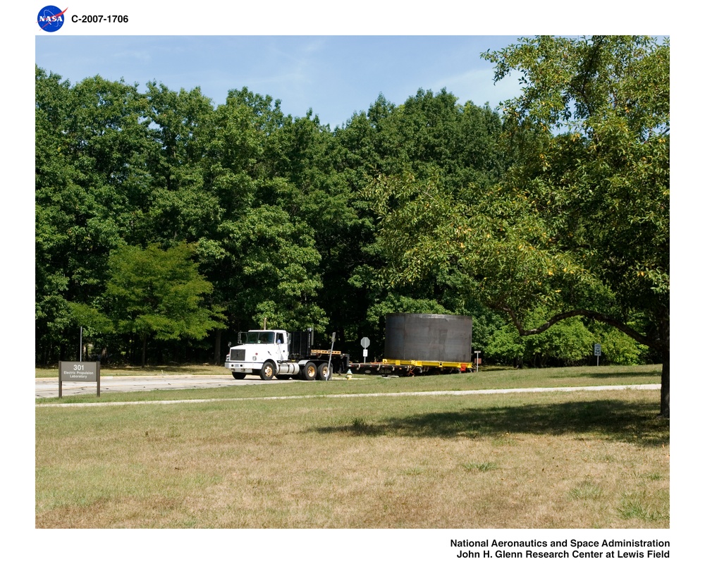 The Ares I-X hardware segment, Pathfinder 2 (PF2) being moved from Building 50 to Building 333.
