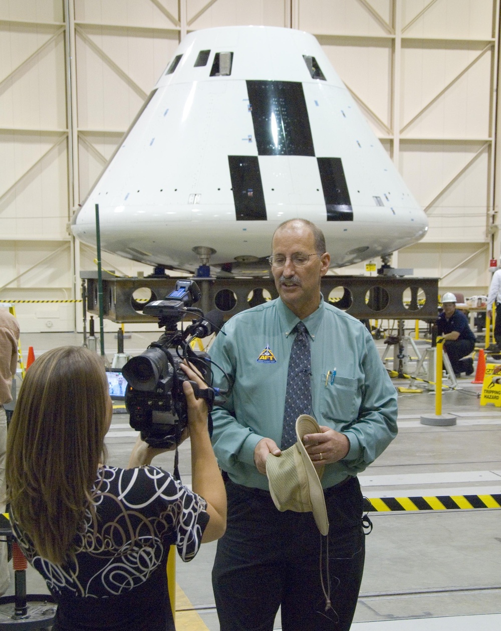Orion AFT project manager Gary Martin is Interviewed in Front of the Crew Module.
