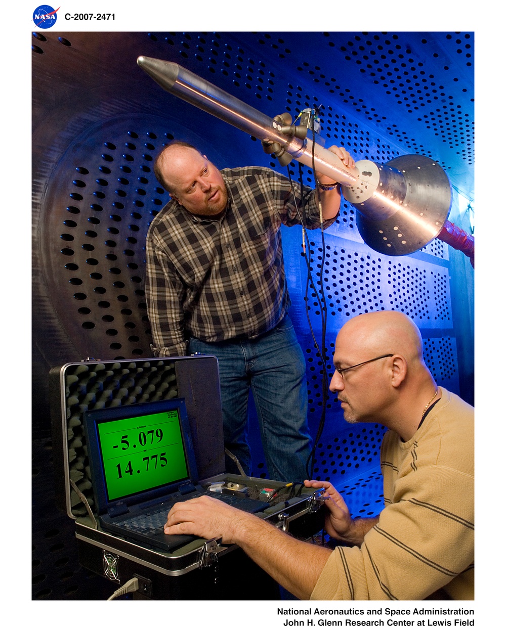 Orion Capsule and Launch Abort System (LAS) installed in the NASA Glenn 8x6 Supersonic Wind Tunnel for testing.  This test is an Aero Acoustic test of the LAS.  Pictured is the calibration of the model's angle of attack