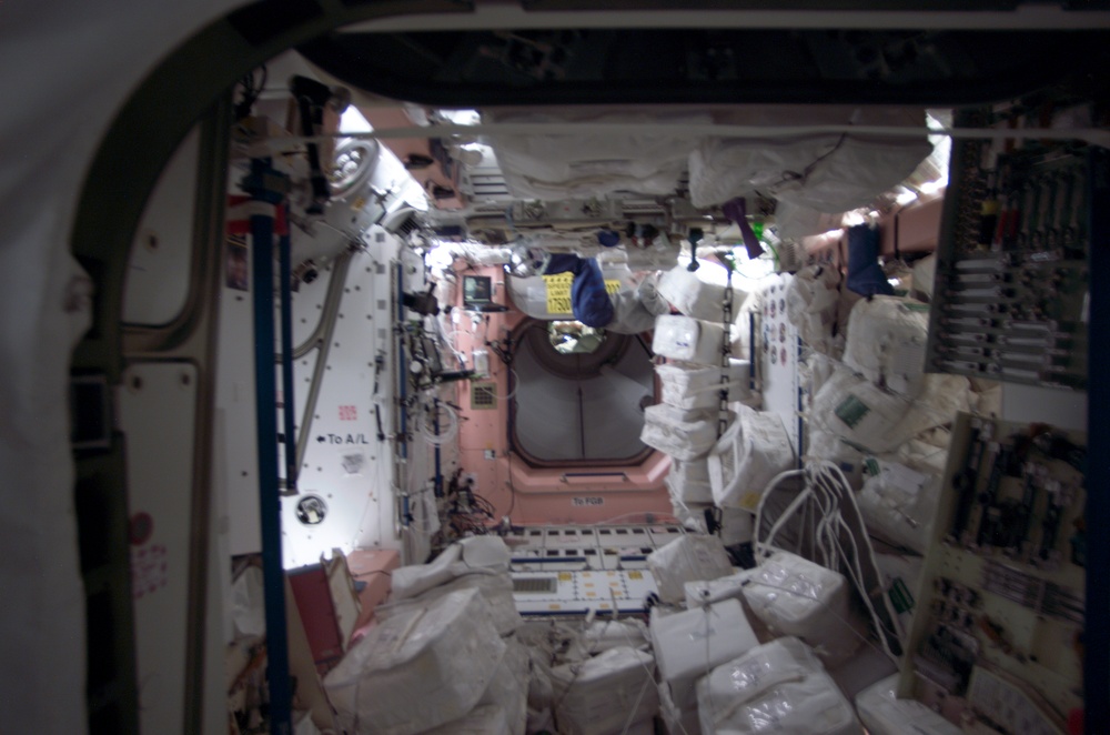 View of cargo transfer bags in the ISS Node 1 taken during Expedition Four