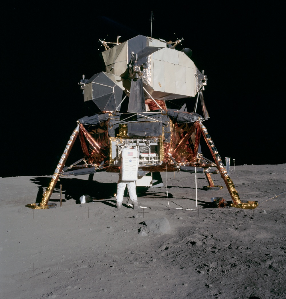Apollo 11 Mission image - Astronaut Edwin Aldrin unpacks experiments from the Lunar Module