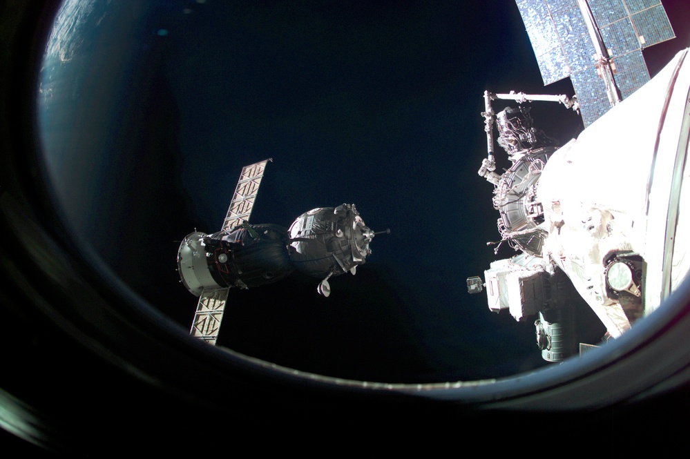 View of the approach of the Soyuz carrying the Taxi crew taken during Expedition Three