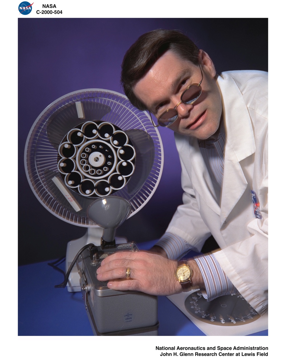 DOCTOR STROBO ALSO KNOWN AS HOWARD BROUGHTON OF THE IMAGING TECHNOLOGY CENTER AT NASA GLENN RESEARCH CENTER WITH STROBE DEVICE USED IN PRESENTATION FOR BRING YOUR CHILDREN TO WORK DAY