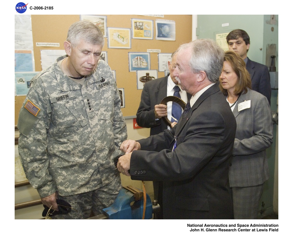 Visit by General Benjamin Griffin, commanding general, U.S. Army Material Command, to Glenn Research Center facilities utilized by Army Research Laboratory
