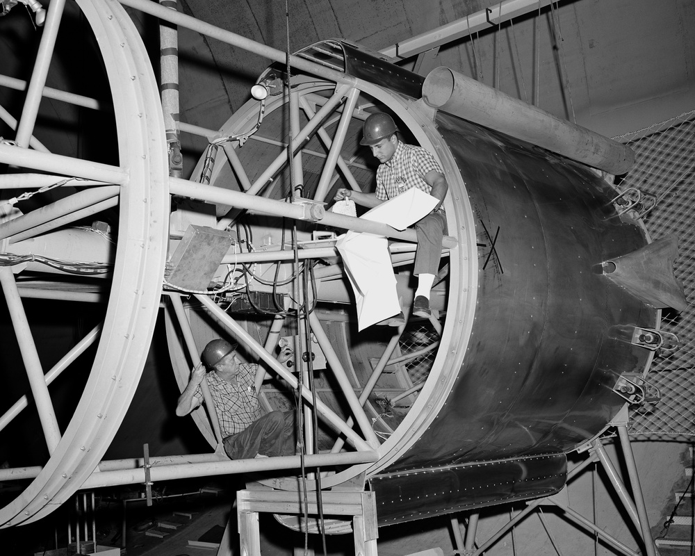 MEN AT WORK GENERAL DYNAMICS / ASTRONAUTICS GD/A IN SPACE POWER CHAMBER SPC - LEFT TO RIGHT - R H MORRISON - J M SMIRIN