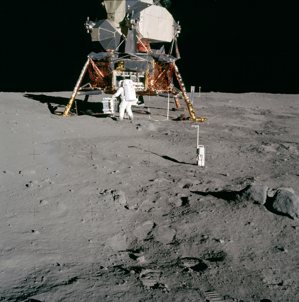 Apollo 11 Mission image - Astronaut Edwin Aldrin unpacks experiments from the Lunar Module