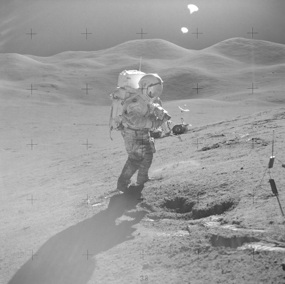 Apollo 15 Mission image - Panoramic view west of  Station 6 looking East, Up Sun