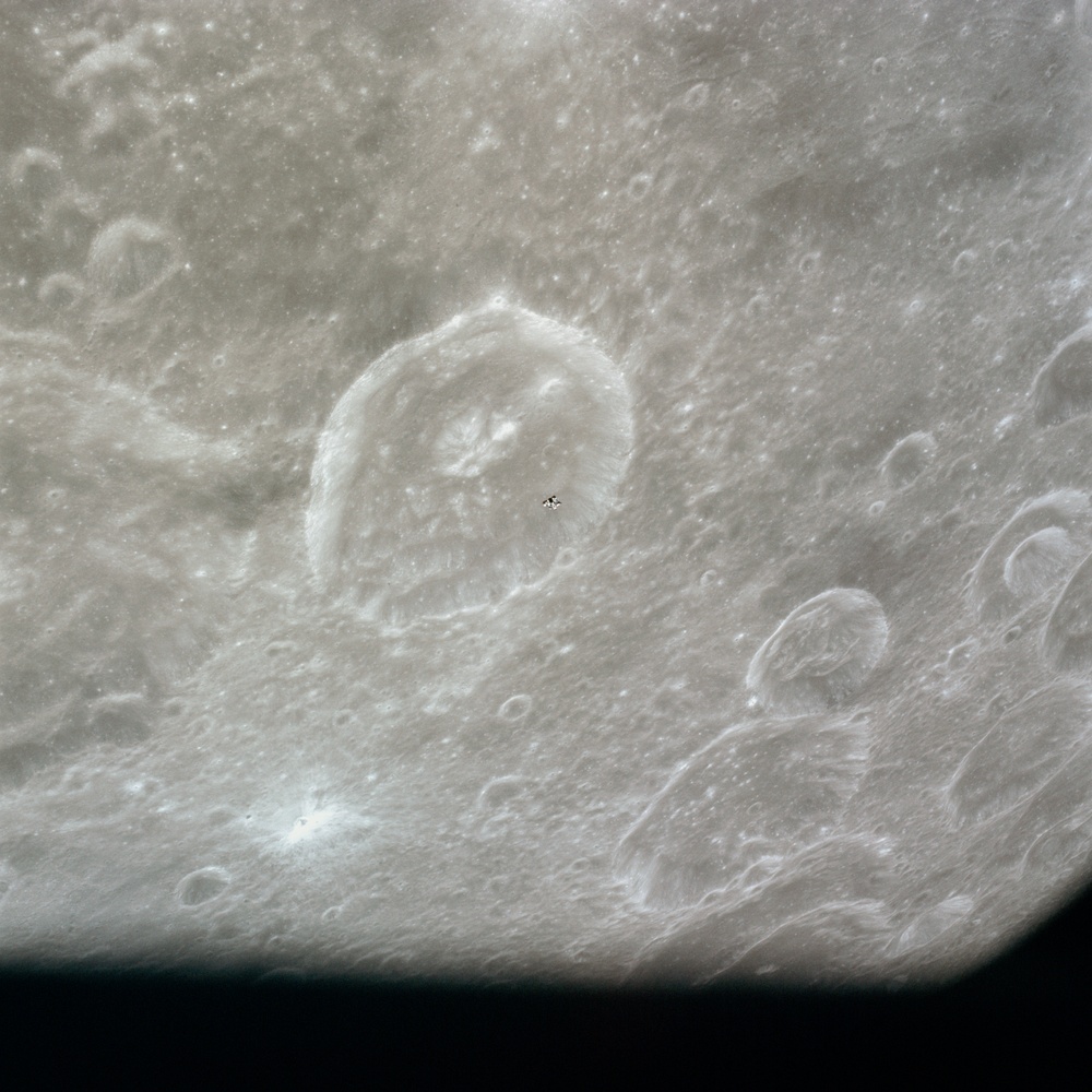 Apollo 16 Mission image - View of the Schubert B Crater during LM Rendezvous.