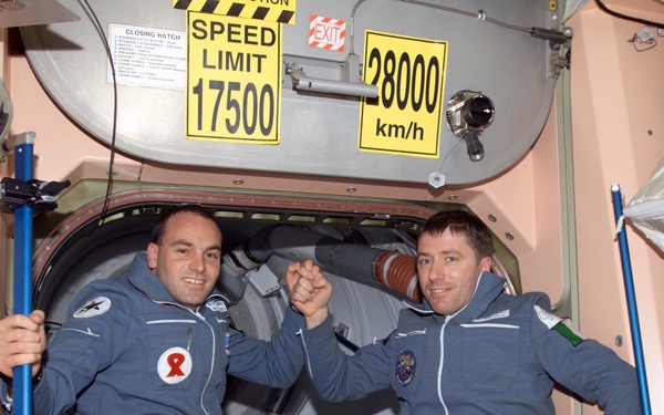 Soyuz 4 SFP Shuttleworth and FE-1 Vittori in Node 1 during Expedition Four