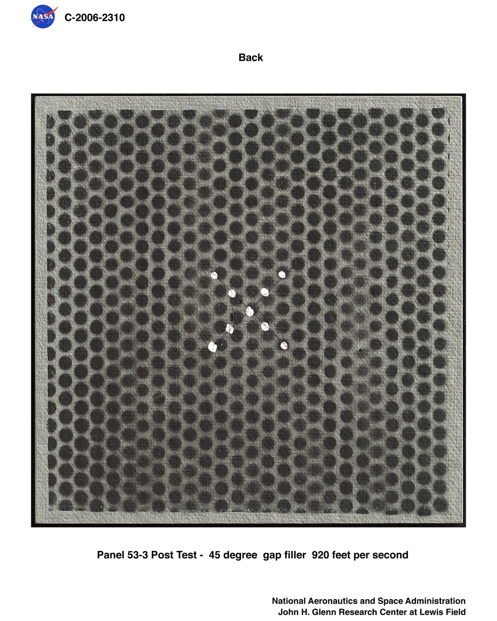 Reinforced Carbon/Carbon panels post test pictures.  Ballistic impact testing using Gap Filler.