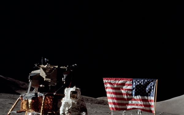 Apollo 17 Mission image - station Lunar Module LM, LM, LRV, Flag, LMP