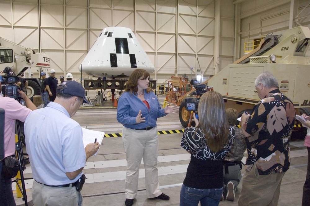 Cathy Bahm, Orion Abort Flight Test Integration Deputy Project Manager, Briefs News Media on Testing