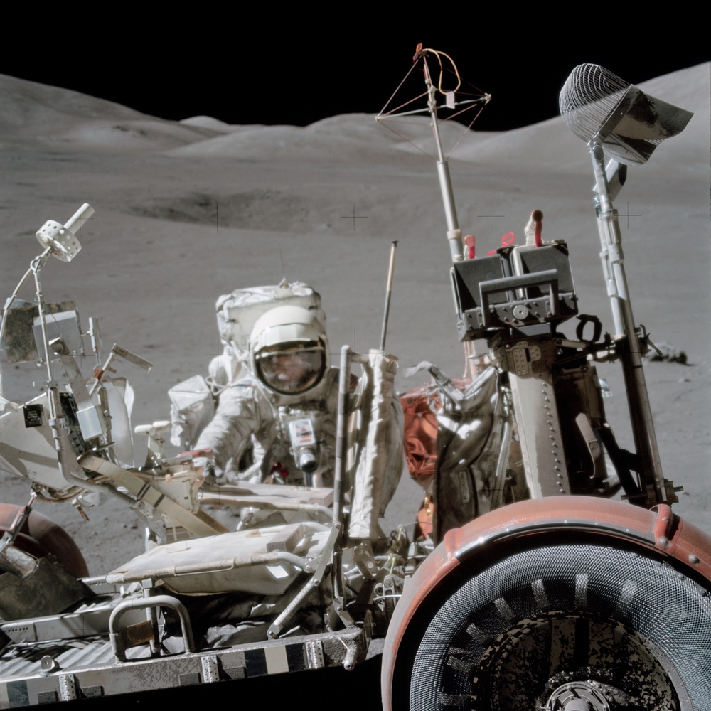 Apollo 17, Lunar Roving Vehicle and Astronaut Harrison Schmitt during EVA 3