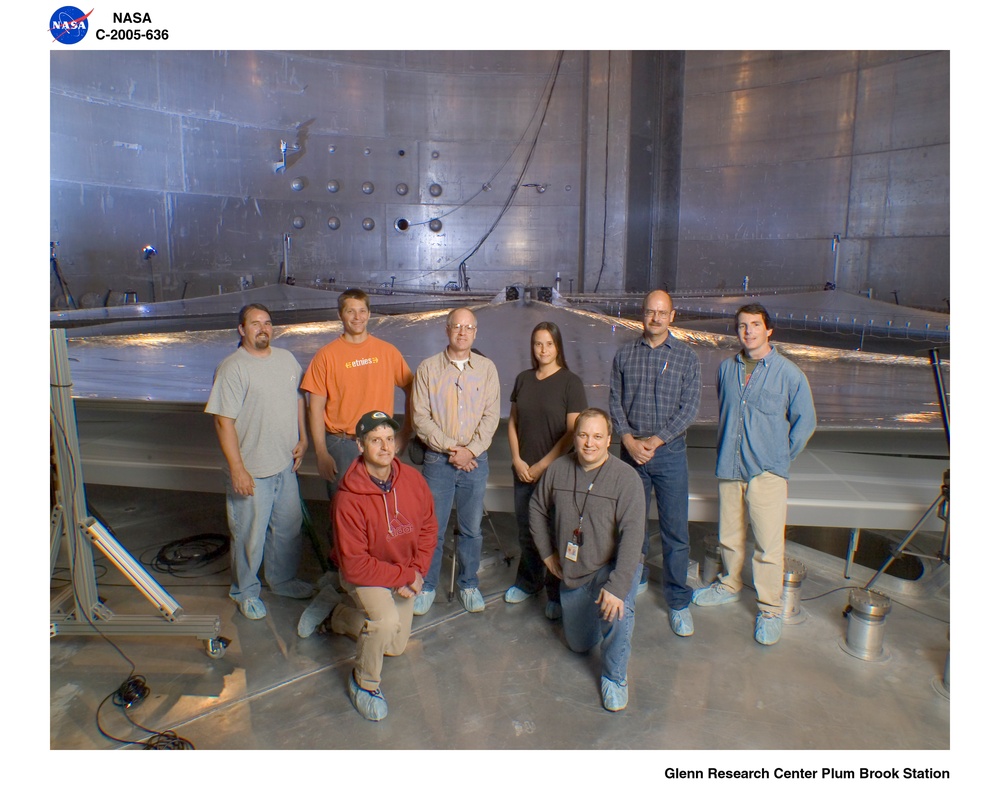 group photo with technicians and engineers for the BTK Able 20 meter Solar Sail test.  Solar sails are intended for deep space science missions.