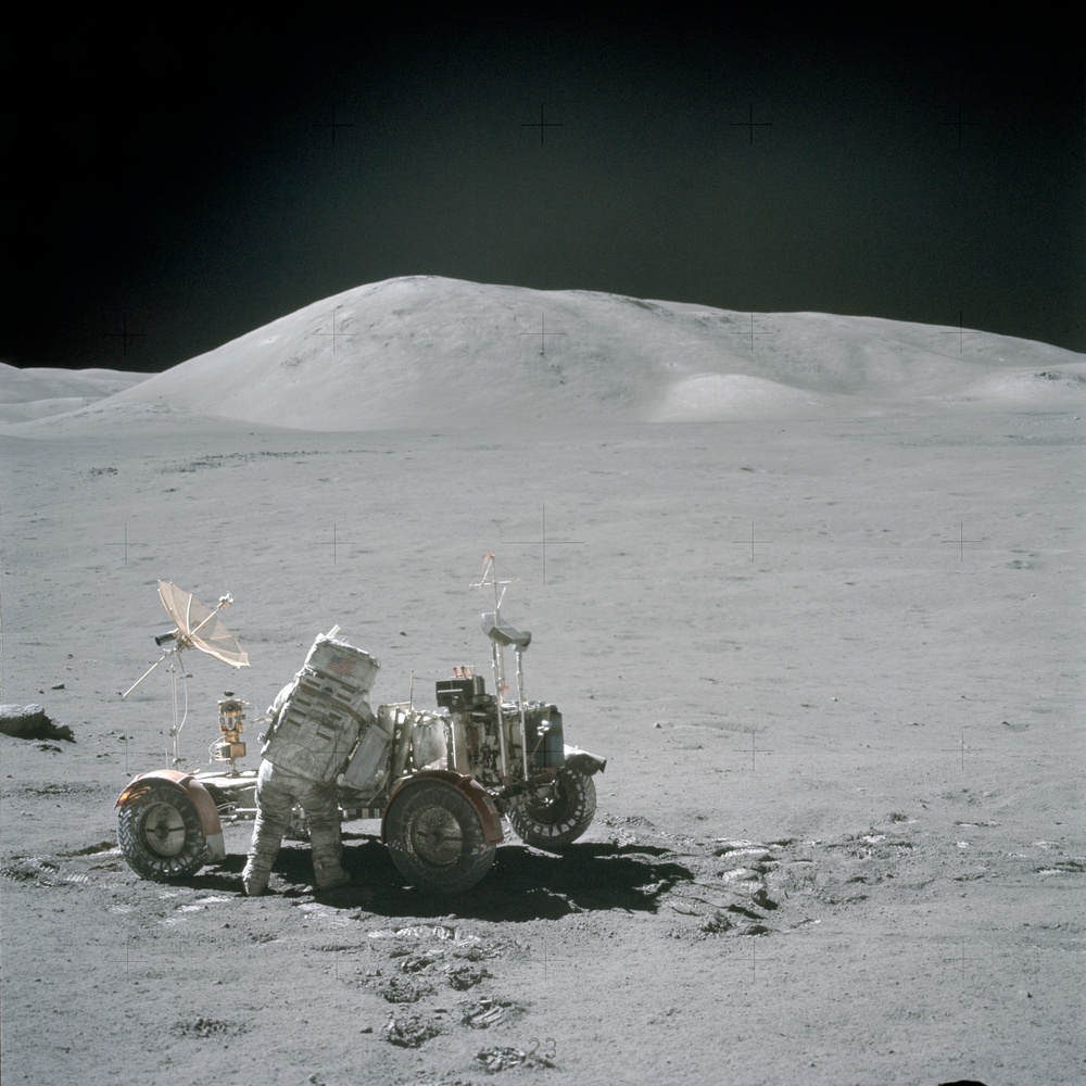 Apollo 17, Station 7 Panarama with Lunar Rover and Astronaut Schmitt