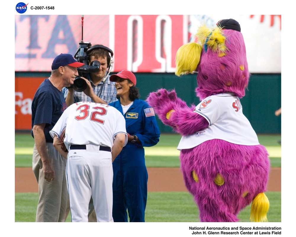 Astronaut Sunita Williams visits Jacob's Field to throw out the first pitch for the Cleveland Indian's Baseball Game
