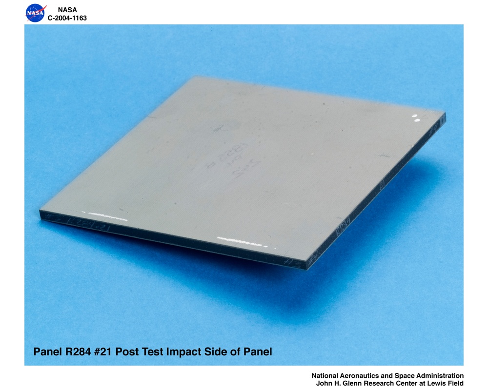 carbon/carbon fiber panels, panel R284 #21 post test  isometric view of impact side