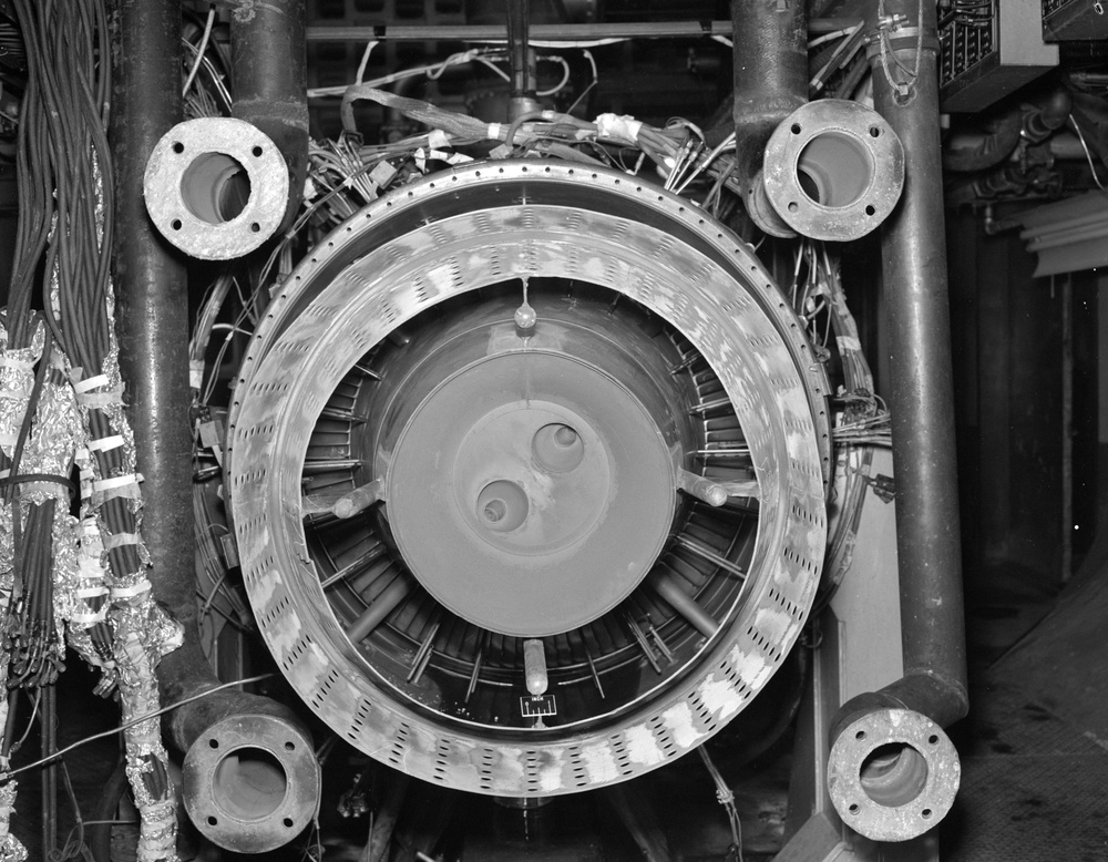 WRECKED AFTERBURNER IN CELL 2 OF EPRB ENGINE PROPULSION RESEARCH BUILDING - AFTERBURNER IS MODIFIED J-47-GE-17 - SPECIAL NACA FLAMEHOLDERS FOR J-47-GE-17 ENGINE