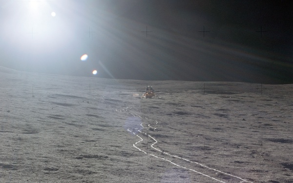 Apollo 14 Mission image - The Apollo 14 Lunar Module LM as seen by the two moon-exploring crewmen of the Apollo 14 lunar landing mission, photographed against a brilliant sun glare during the first extravehicular activity EVA-1.