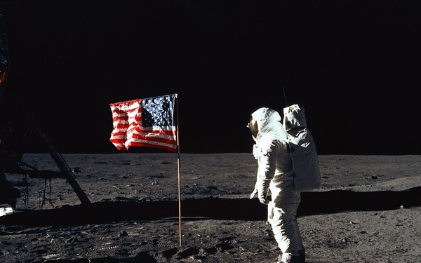 Buzz Aldrin and the U.S. flag on the Moon