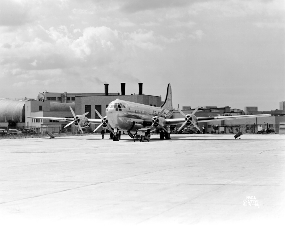 C-97 AIRPLANE PHOTOGRAPHED ON NACA HANGAR APRON DURING THE NATIONAL AIR RACES IN CLEVELAND OHIO